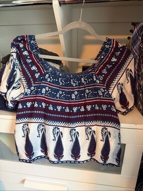 Forever 21 Navy, Burgundy & White Embroidered Peasant Blouse